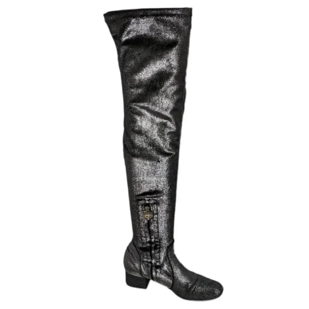 CHIARA FERRAGNI Metallic Glitter Love Stretch Over the Knee Boots 38